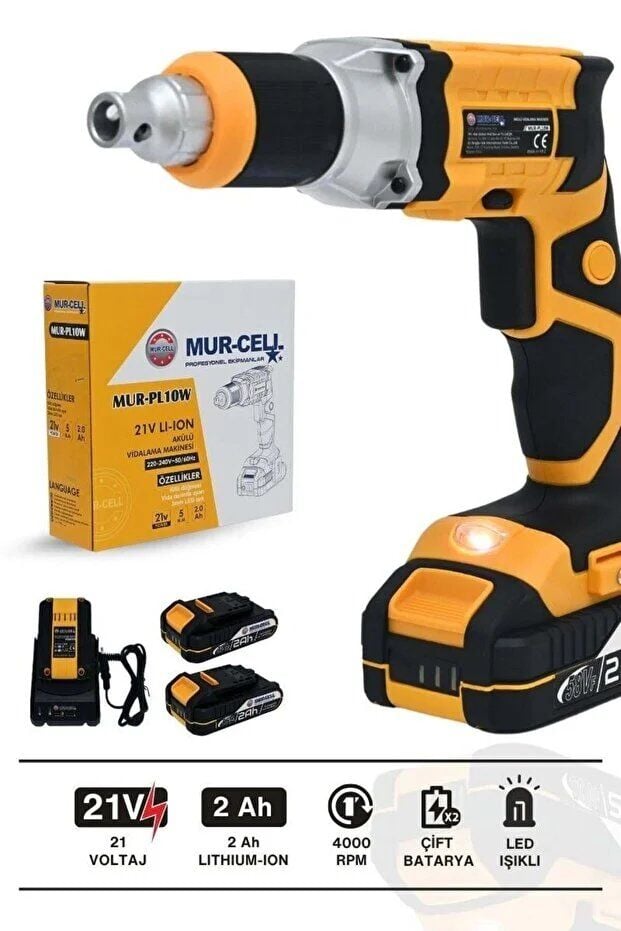 Mur-Cell MUR-PL10W Sarı 21V 2.0AH Profesyonel Çift Batarya Şarjlı Alçıpan Vidalama Sarı Kömürsüz