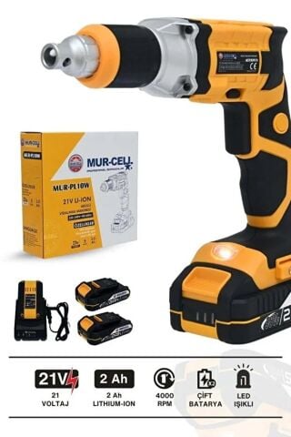 Mur-Cell MUR-PL10W Sarı 21V 2.0AH Profesyonel Çift Batarya Şarjlı Alçıpan Vidalama Sarı Kömürsüz