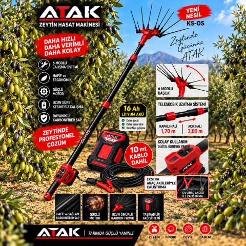 ATAK Profesyonel 16 Ah Lityum Akülü Zeytin Hasat Makinesi Silkeleme - 1,70m-3,00m Teleskobik Karbon Sap