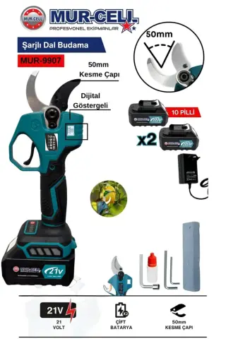 MUR-CEL MUR-9907 21V 3AH 10 PİLLİ KÖMÜRSÜZ 50 ML ÇELİK BIÇAKLI DAL BUDAMA MAKASI