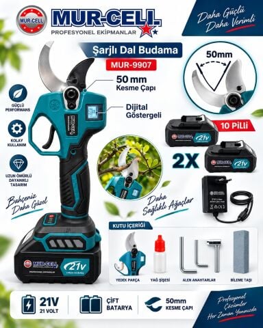 MUR-CEL MUR-9907 21V 3AH 10 PİLLİ KÖMÜRSÜZ 50 ML ÇELİK BIÇAKLI DAL BUDAMA MAKASI