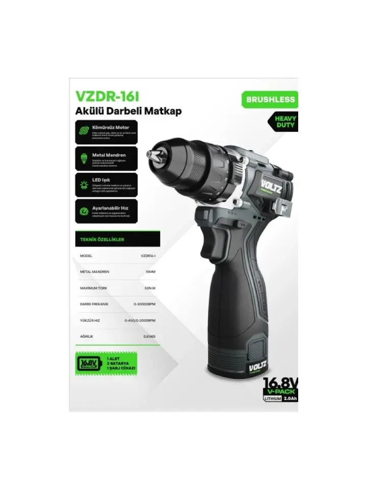 VOLTZ VZDR-161 Şarjlı Darbeli Matkap 16.8 Volt 2 Amper Çift Akülü